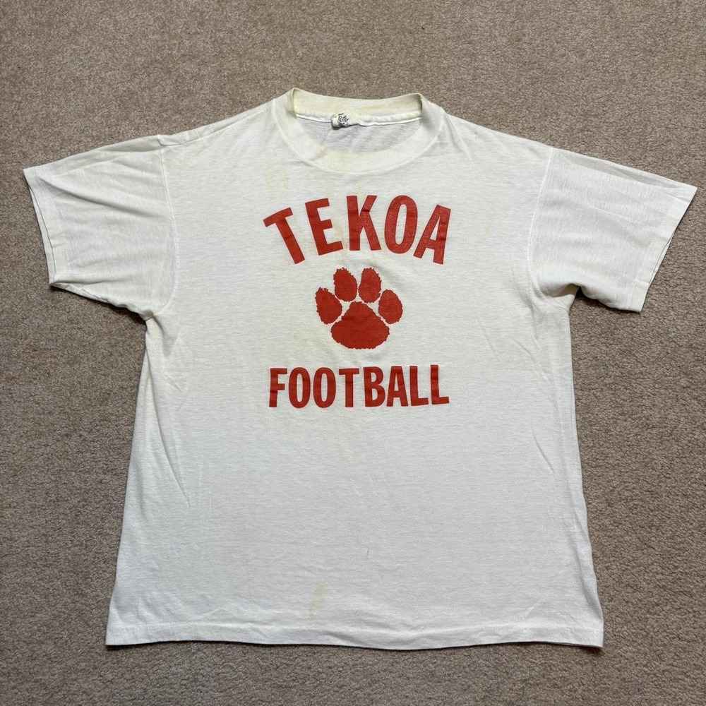 Vtg 70s Tekoa Football Shirt Mens Large White Hanes Paw Print 50/50 USA Retro